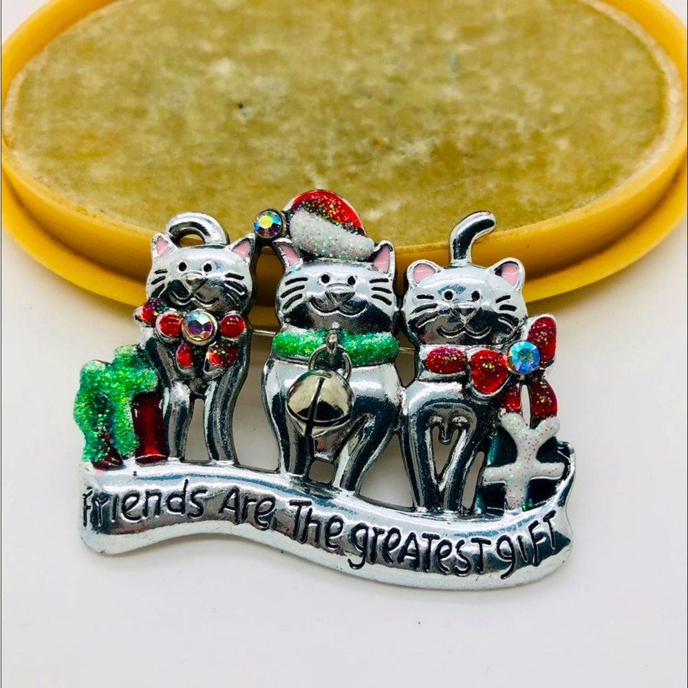Vintage Christmas Cat Rhinestone brooch